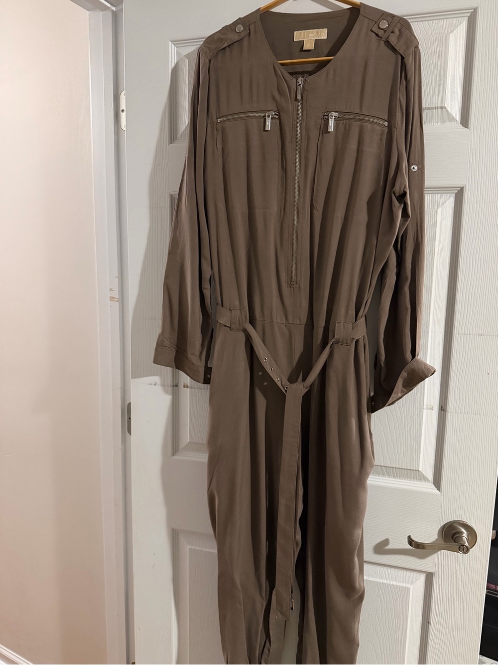 Michael Kors Olive-Taupe Utility Zip Jumpsuit